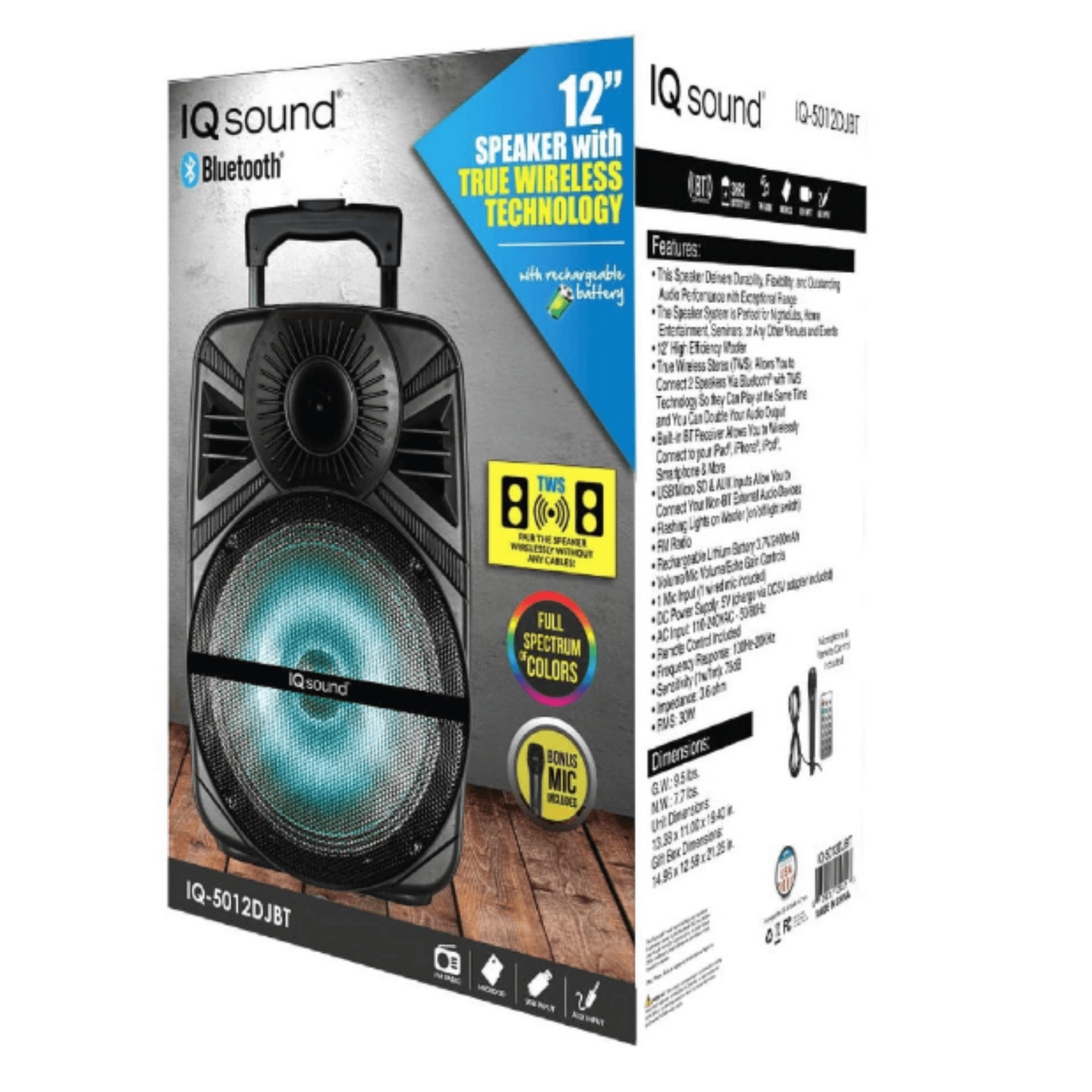 IQ Sound 12" Portable Bluetooth Speaker with True Wireless Technology