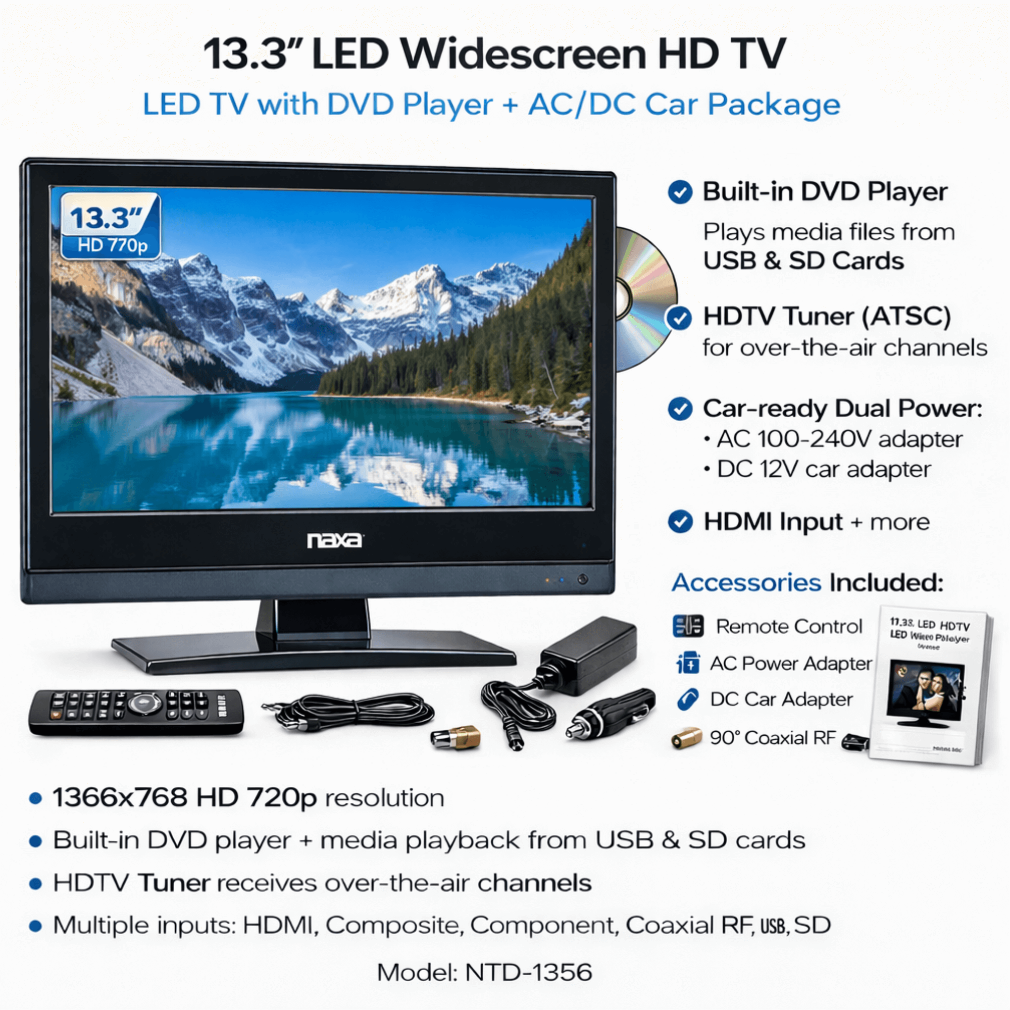 Naxa 13.3 Inch 12Volt AC/DC LED HDTV ATSC with DVD and Media Player + Car Package