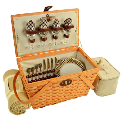 Picnic at Ascot Settler Traditional American Style Picnic Basket with Service for 4 & Blanket