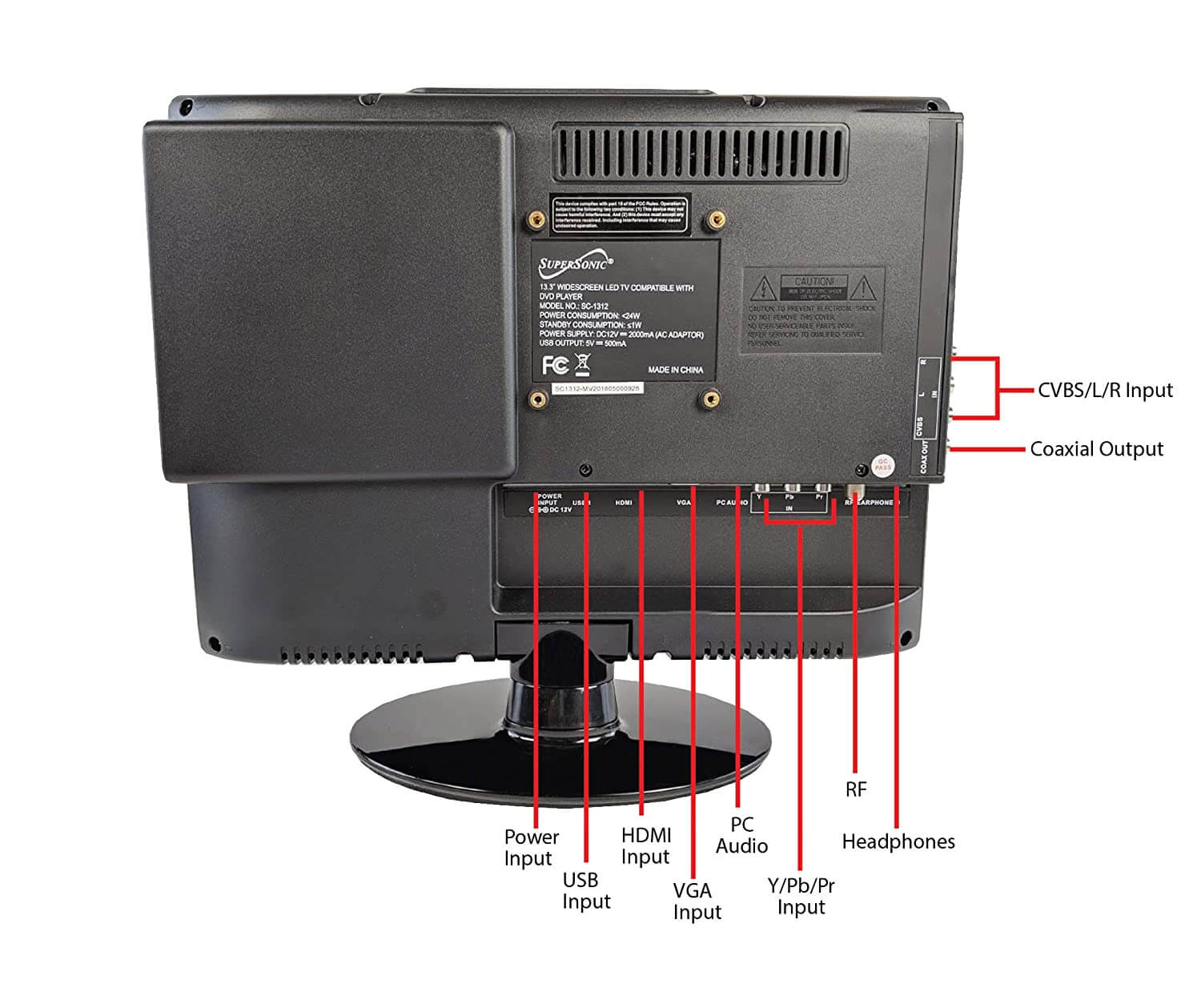 Supersonic 13.3" 12 Volt AC/DC LED HDTV with DVD Player, USB, SD Card Reader and HDMI